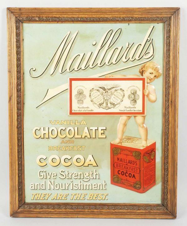 Tin Maillard's Vanilla, Chocolate, & Cocoa Sign.: Made by Sentenne & Green of New York. Depicts a child standing on top of a cocoa box. Sign as been professionally restored and has a few superficial dents and minor oxidation. Framed: 20 - 3/4" x 16 -