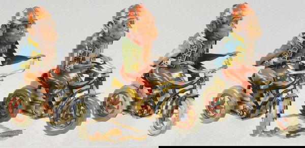 Lot of 3: Tin Arnold Monkey Cycle Wind-Up Toys.: German. Working. Marked "Made in US Zone Germany". Nice colorful lithography. Some scratching and wear. Each: 4 - 1/4" T. (Very Good - Excellent).