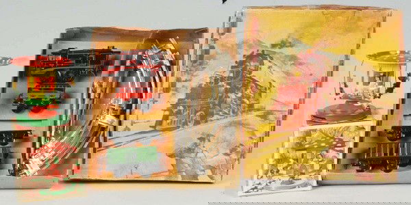 Lot of 2: Tin Go-Around & Train Set Toys.: German. Both wind-up mechanisms are working. The Go-Around toy is lever-activated and has gnomes that move around a mushroom cap. Includes both original boxes, a beautiful color image of train on its