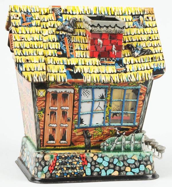 Tin Marx Haunted House Battery-Operated Toy.: American. Circa 1960s. Marked "Lewis Marx & Company" on back of toy. Nice tin litho with jumping cat, vampire that comes out of door, and other functions. Some surface rust throughout and needs to be 