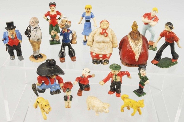 Lot of 20+ Character Toys.: Mostly made from an early resin or plastic-type material. Includes Popeye, Jiggs, Mama Katzenjammer, Blondie, and others. Largest: 2 - 1/4" T. (Excellent).