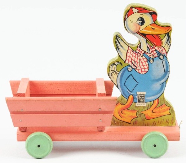 Fisher Price No. 461 Duck Pulling Cart Toy.: Paper on wood. Easter only toy. Nice colorful paper with very little wear. Some paper loss to top of cap on one side. 9 - 1/4" L. (Very Good - Excellent).