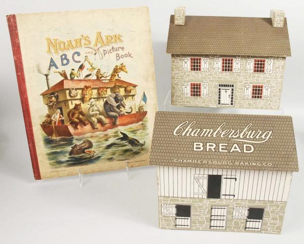 Lot of 3: Pieces.: Includes one Noah's Ark ABC picture book by McLoughlin Brothers copyright 1905 with beautiful color depictions of the ark. Also includes one Chambersburg Bread Baking Company house and one Old Homeste