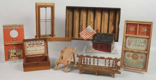 Large Lot of Early Wooden Pieces.: Includes one World's Fair bench, three display shelves with slanted drawers, one house with American Flag bank, one trunk, one beach-type lounge chair, one Gettysburg, PA cradle from 1863, and other i
