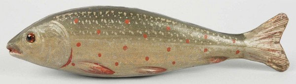 Handpainted Papier Mache Fish Candy Container.: Glass eye. Container opens from opposite side. Painting and detail is excellent. 11 - 1/2" L. (Excellent).