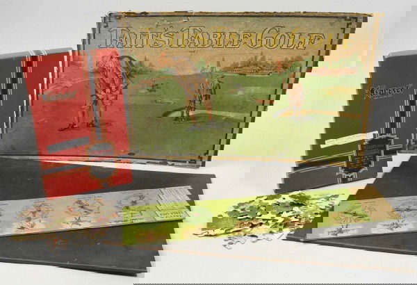 Lot of 2: Eveready Puzzle & Table Golf Game.: Golf game in original box marked "Tait's Table Golf". Includes spinner and nicely lithographed game board. Box is missing all aprons and has some creasing and tearing. Eveready puzzle is complete with