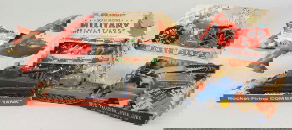 Lot of Vintage Plastic Toys.: American. Includes Ideal truck, a few tanks, one motorcycle, one airplane, and a few military miniatures. All have original boxes or cards except for one tank. Some creasing and tearing to cards. Larg