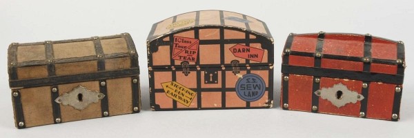 Lot of 3: Child's or Dollhouse-Type Trunks.: Wooden and cardboard. Largest: 4" x 3". (Excellent).