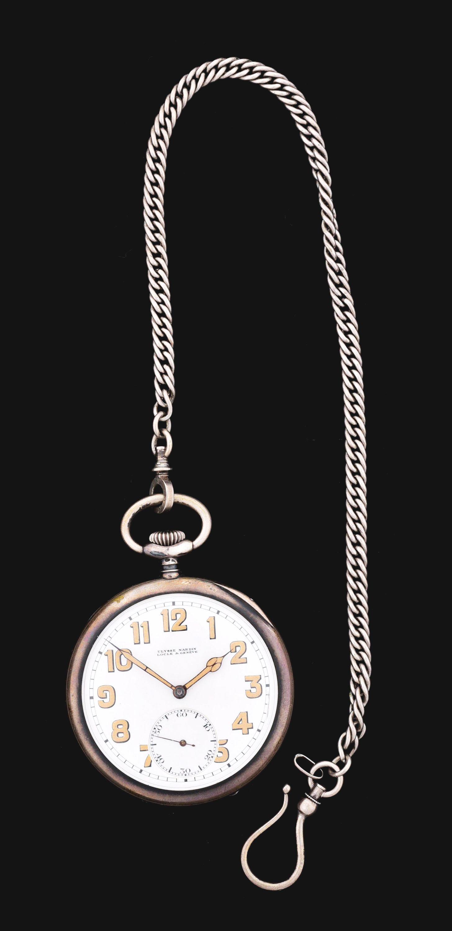 ULYSSE NARDIN USA CORPS OF ENGINEERS 800 SILVER O/F: Ulysse Nardin .800 silver Army Corps of Engenieers open face pocket watch with 12" silver chain. Circa 1920s. Marked on back cover "Property of Corps of Engineers U.S.A. No. 9905". Crystal scratched.