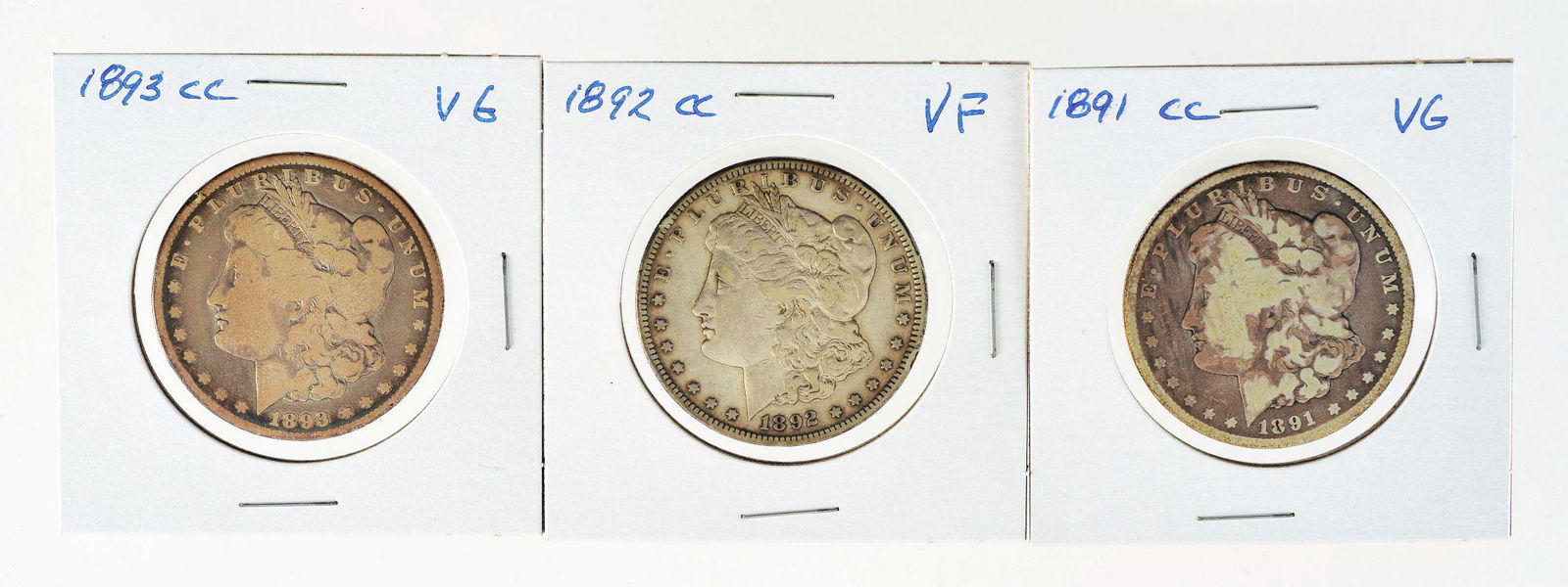 LOT OF 3: CARSON CITY MORGAN SILVER DOLLARS. (1 of 2)