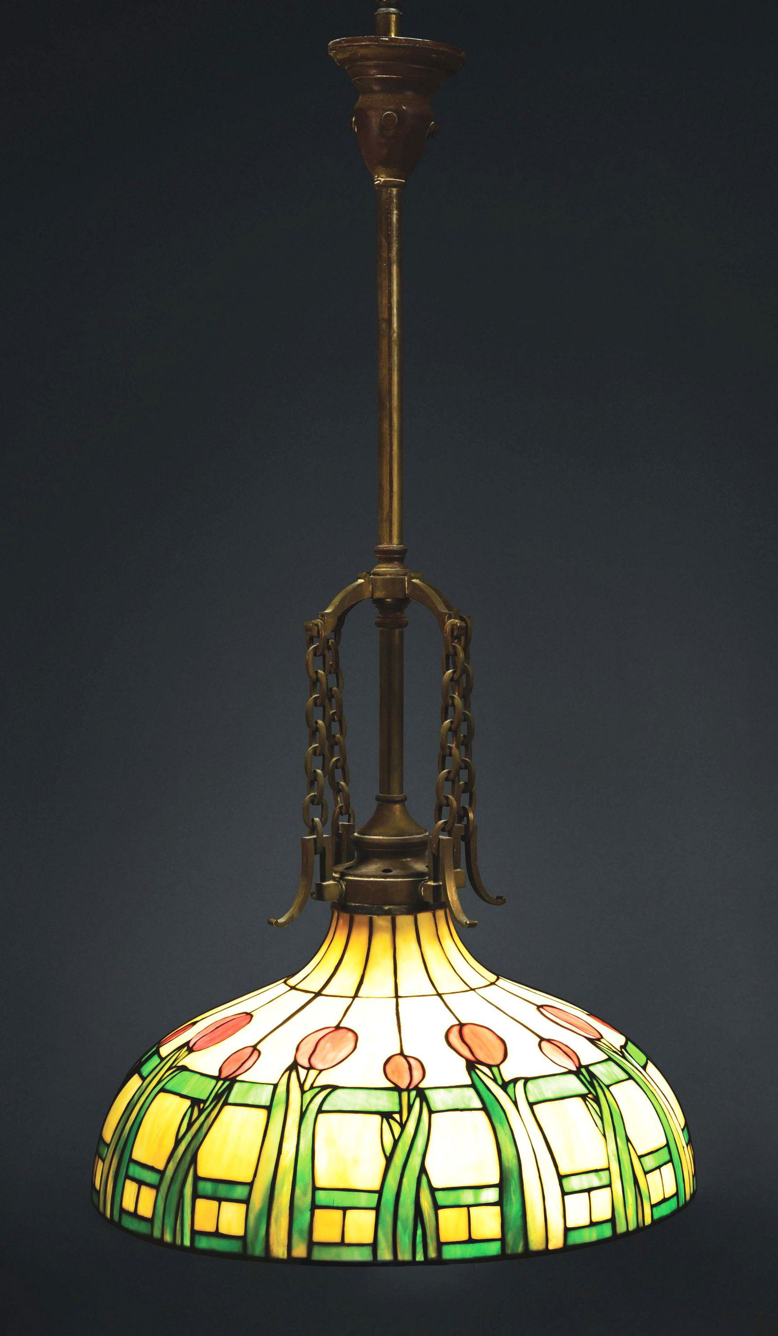 BRADLEY AND HUBBARD LEADED GLASS HANGING LAMP. (1 of 2)