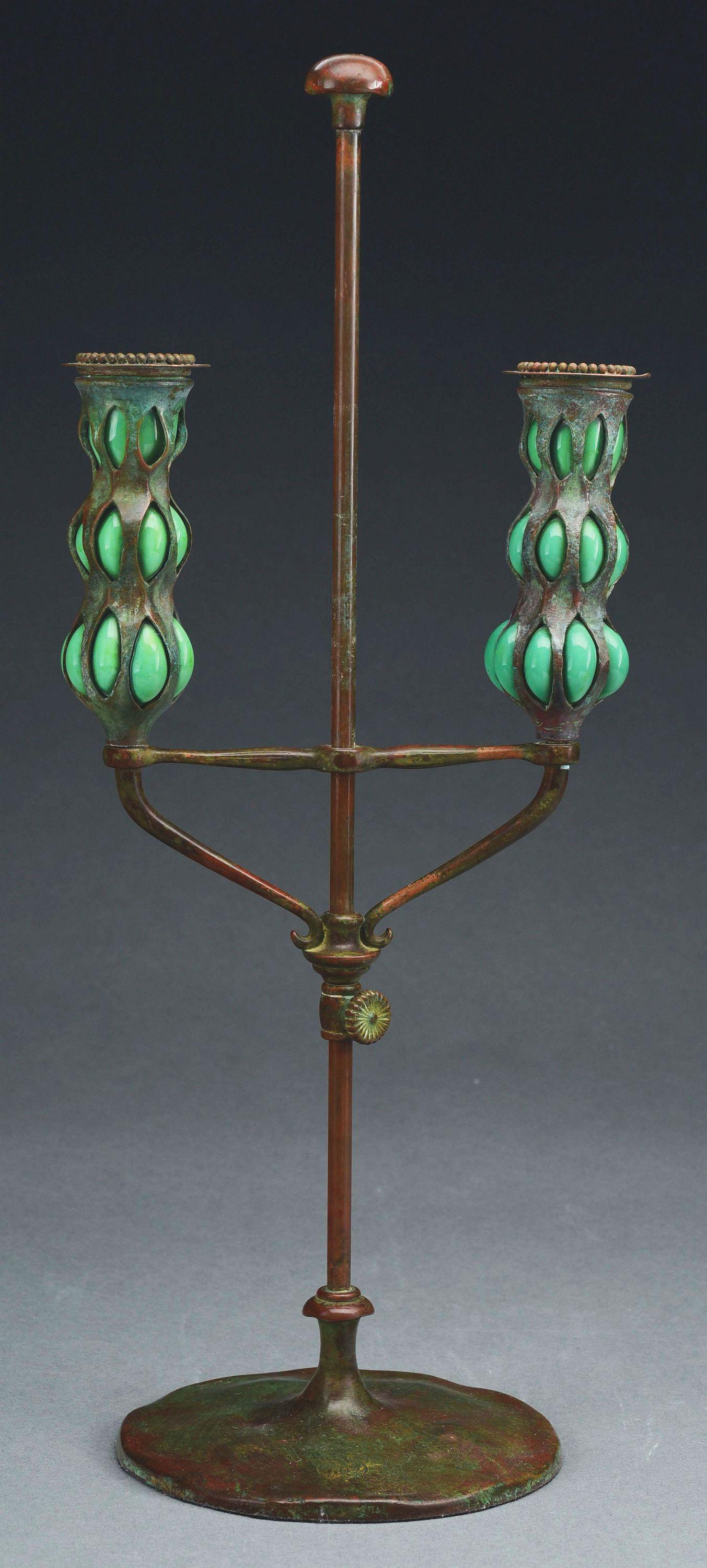 TIFFANY STUDIOS TELESCOPIC DOUBLE CANDLESTICK. (1 of 7)