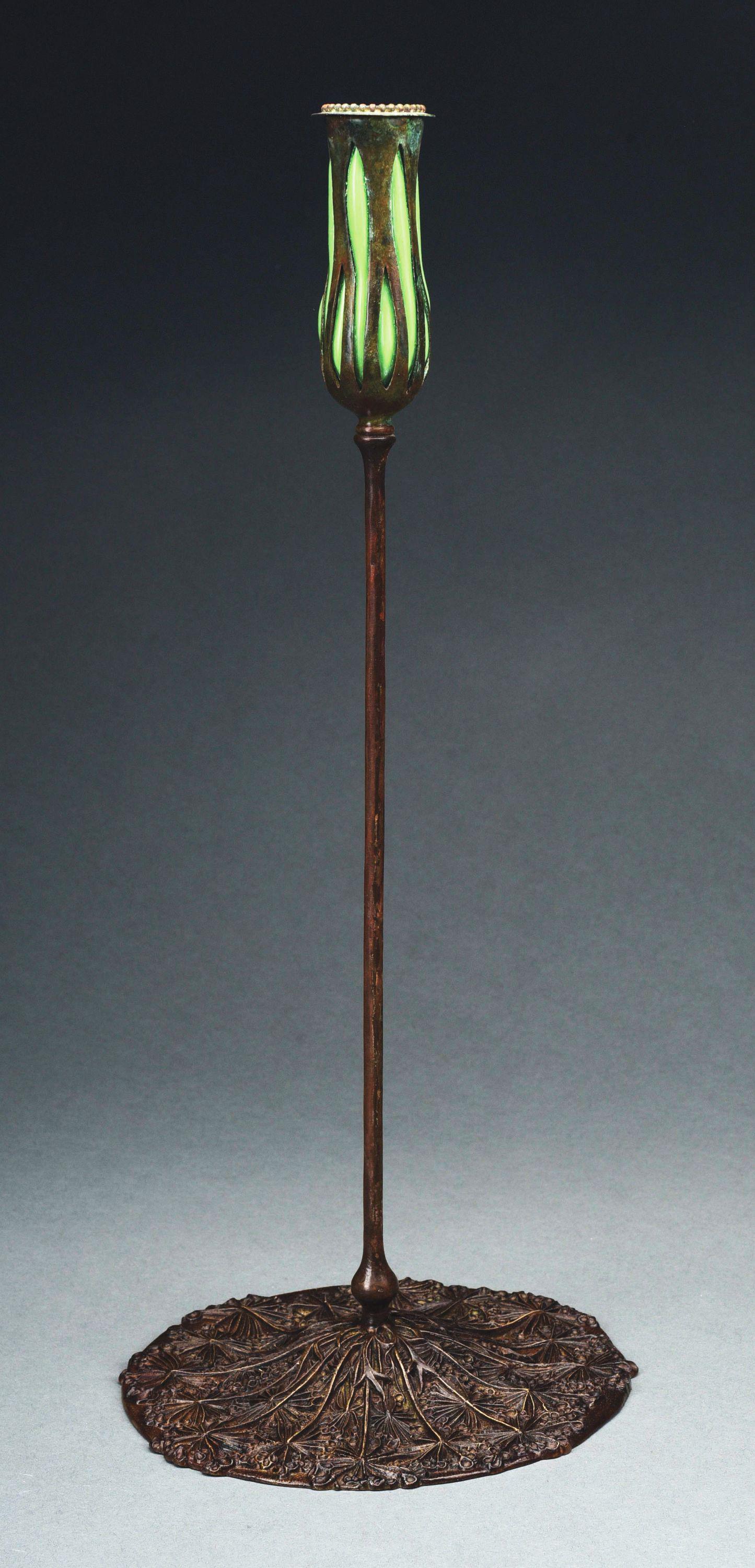 LARGE TIFFANY STUDIOS CANDLESTICK WITH BLOWN OUT GLASS. (1 of 7)