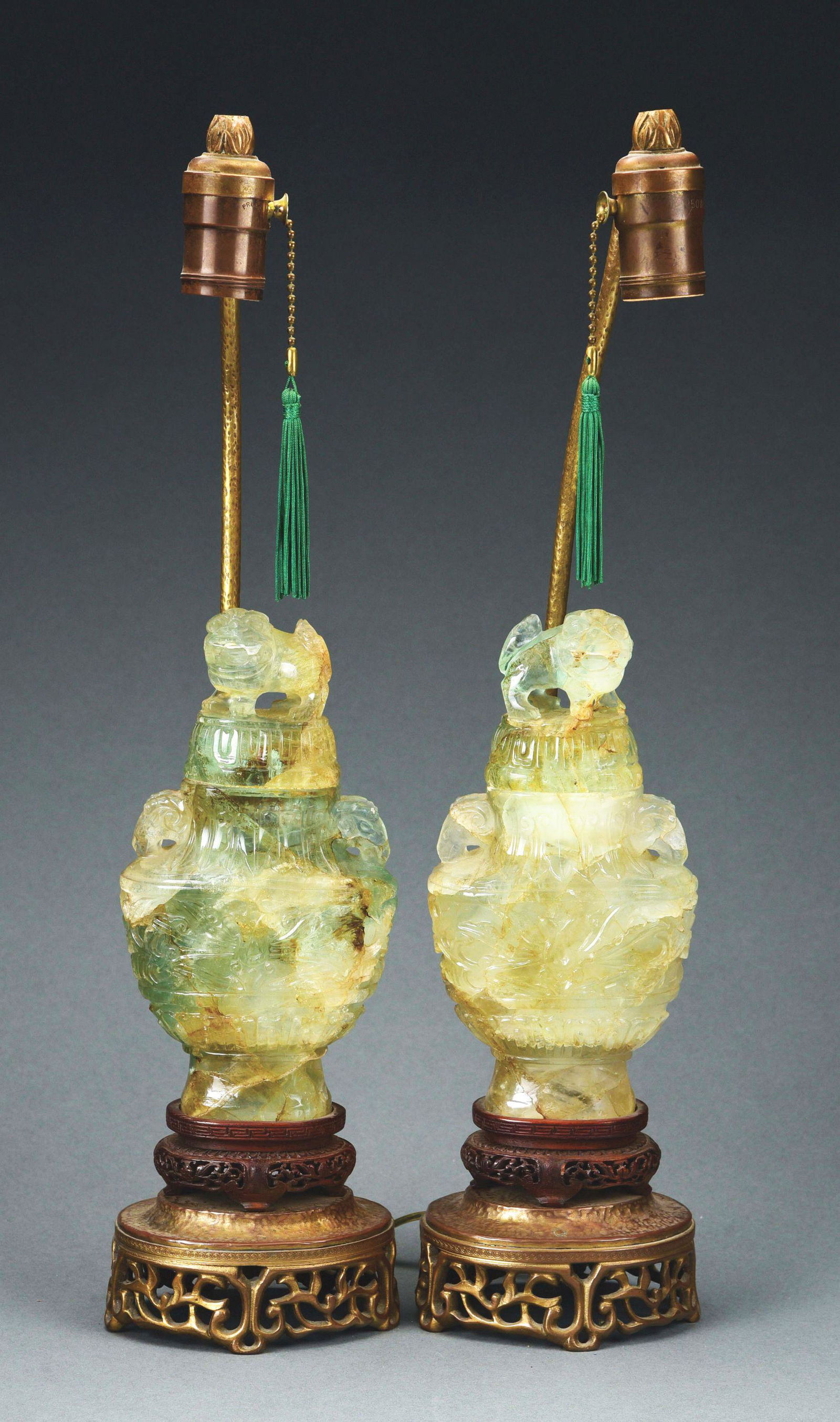 PAIR OF CHINESE HAND CARVED QUARTZ LAMPS. (1 of 4)