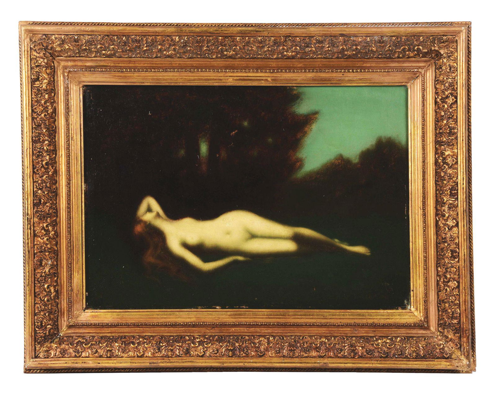 JEAN-JACQUES HENNER (FRENCH, 1829-1905) NUDE IN A: Artist: JEAN-JACQUES HENNER (FRENCH, 1829-1905) Condition: Very good Created: Circa 1875 Frame: Original frame Medium: Oil on canvas Signature: Signed indistinctly lower left Title: NUDE IN A FOREST W