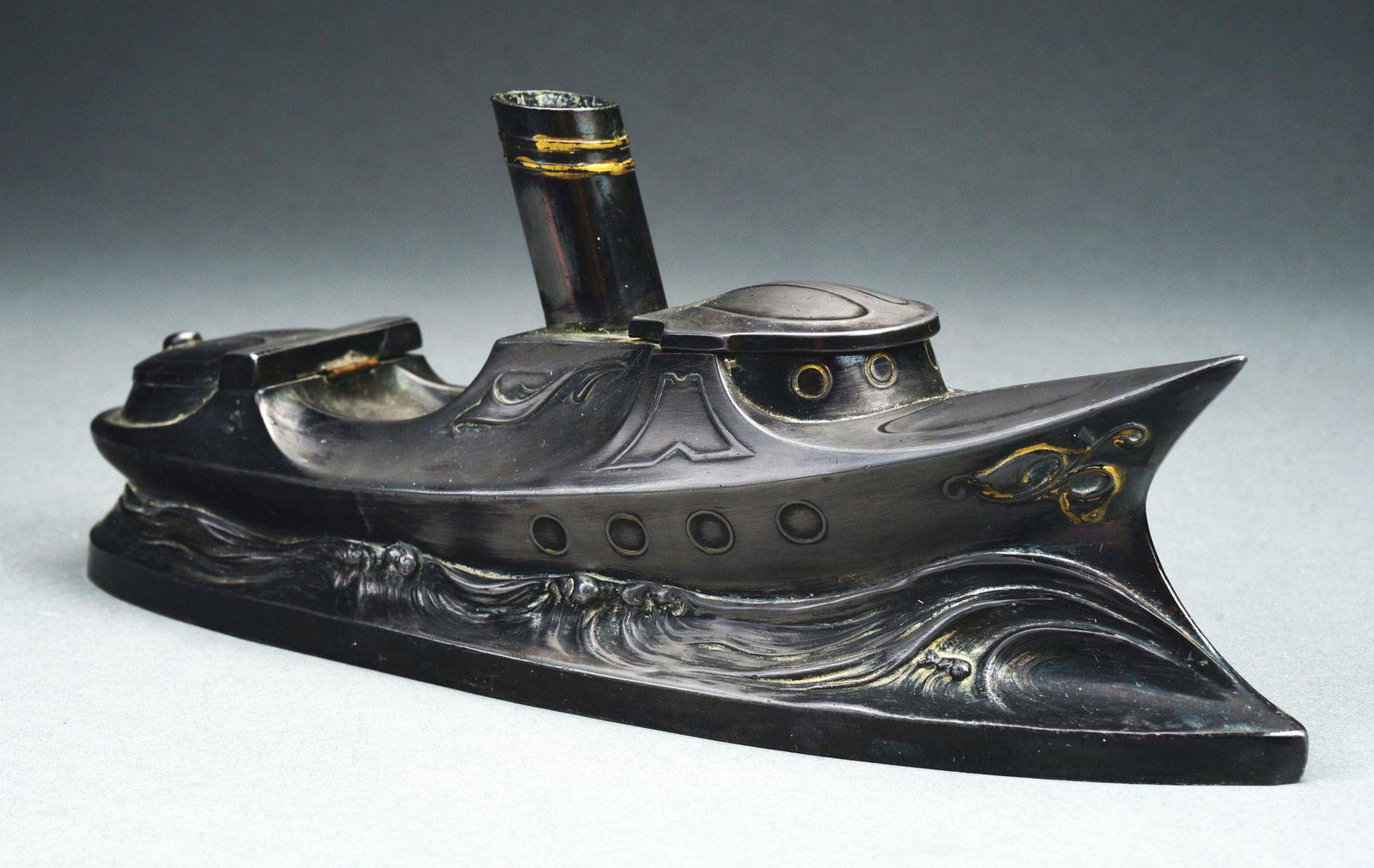 PEWTER STEAMBOAT INKWELL. (1 of 6)