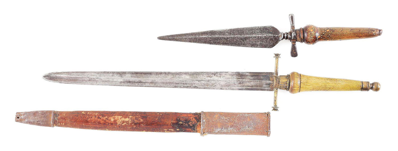 LOT OF 2: EARLY 18TH CENURY PLUG BAYONETS, ONE WITH: Comprising: A) Horn-handled plug bayonet of 11" overall with a 6-1/4" tapered diamond section blade. Iron guard and turned horn grip with brass tack and bone tack decoration towards guard. Pommel cap 
