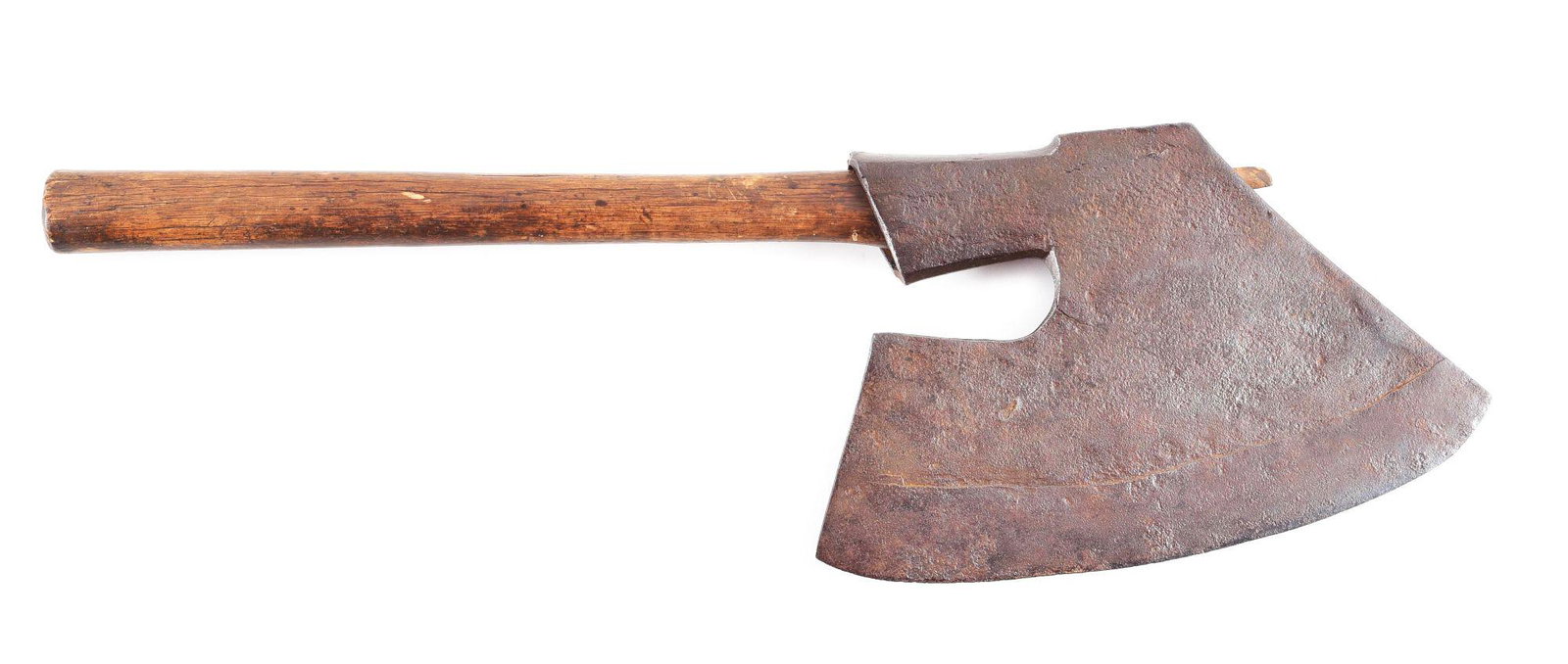 EARLY AMERICAN GOOSEWING AXE WITH STAMPS IN METAL.: Circa 18th century early American goosewing axe on replaced haft. The blade measures approximately 12 - 5/8" and exhibits various interesting markings that have been encountered on similar early Ameri