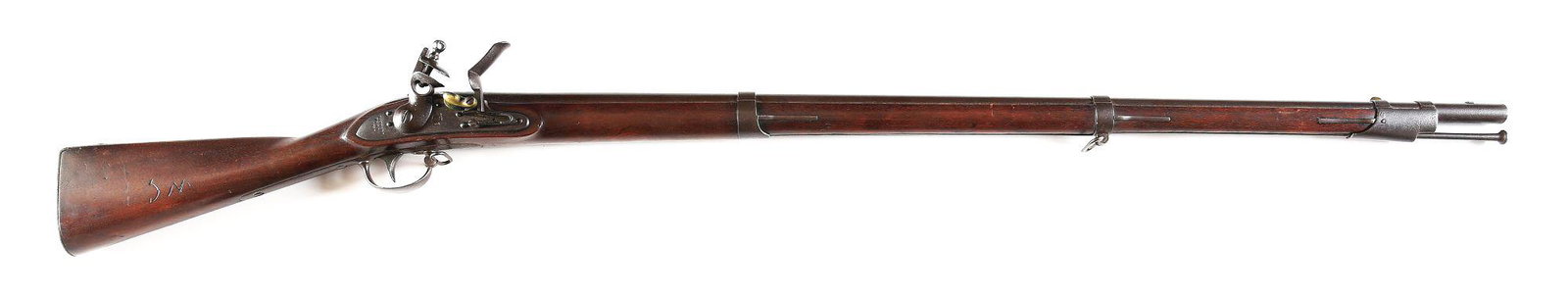 (A) HARPERS FERRY M1822/28 FLINTLOCK MUSKET DATED 1838: US M1822/28 flintlock musket manufactured by Harpers Ferry in original flint and dated 1838. 42" round barrel in .69 caliber smoothbore with no rear sight and integral brass front on Charleville style