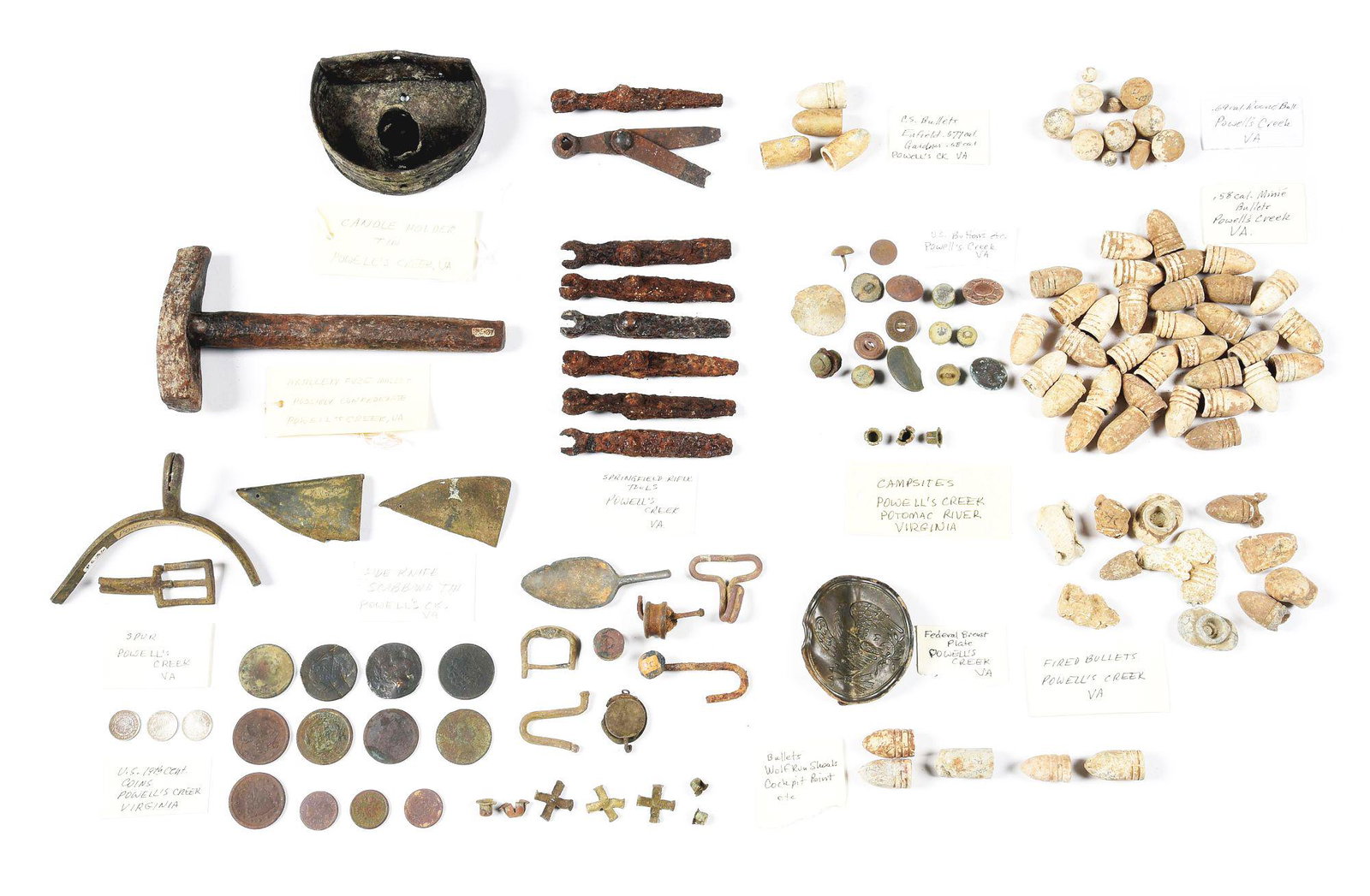 LARGE LOT OF CIVIL WAR RELICS RECOVERED FROM POWELL'S: Lot includes bent "Burnside" size shoulder belt plate, tin candle stand, artillery fuse mallet (possibly CS), 8 gun wrenches, knapsack hooks, approximately 60 bullets, 9 large cents, 3 Indian head pen