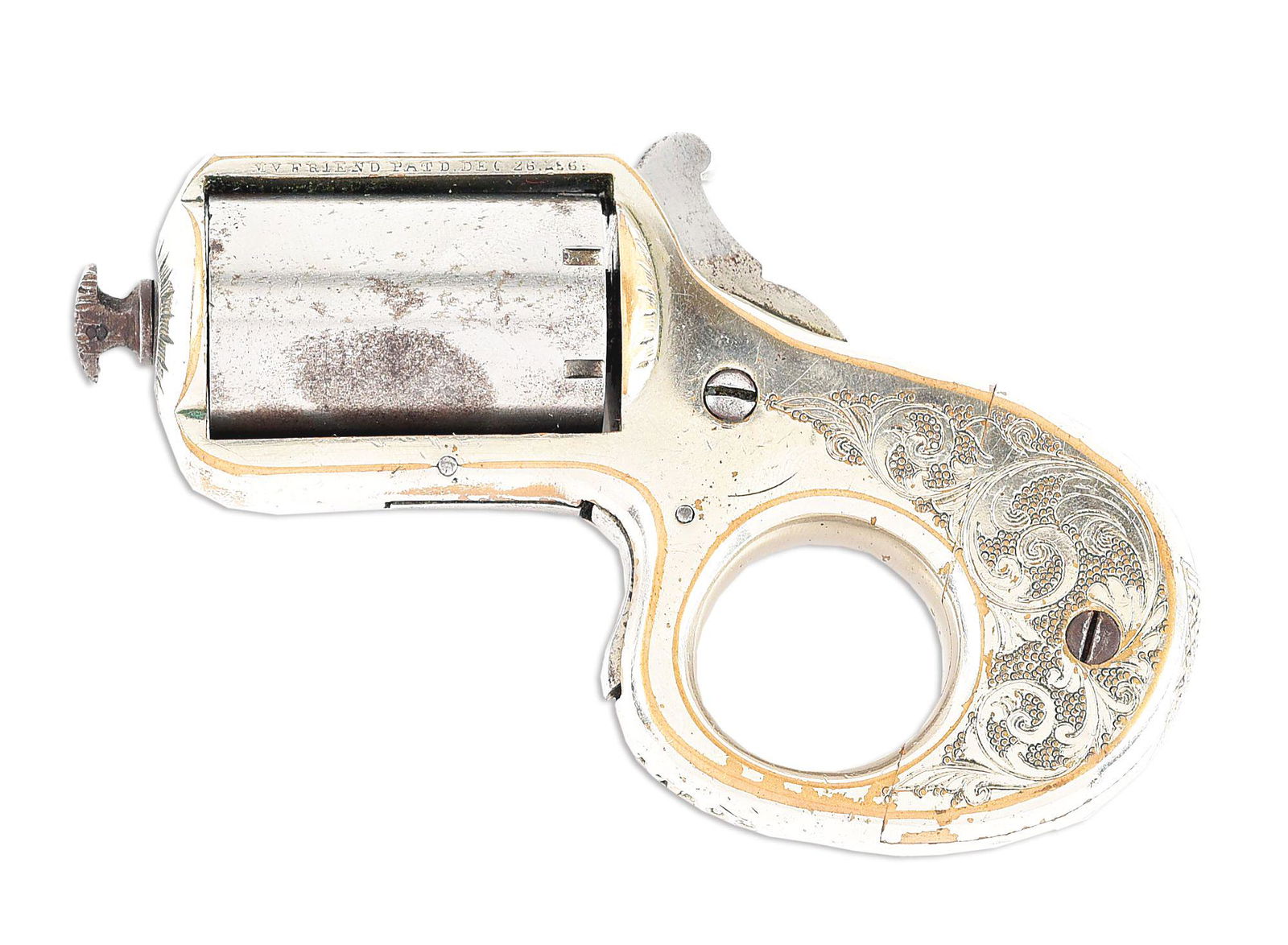 (A) REID "MY FRIEND" KNUCKLEDUSTER SINGLE ACTION: 7 shot .22 RF knuckleduster with "MY FRIEND PATD DEC 26 1865". Factory engraving of geometrics on top strap and scroll engraving with a punch dot background on frame. Checkered shield on rear. CONDITI
