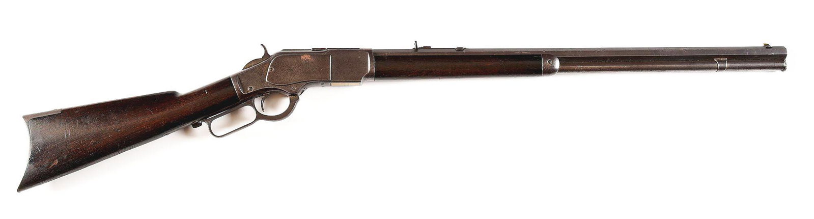 (A) WINCHESTER MODEL 1873 LEVER ACTION RIFLE: 1889 Vintage Winchester Model 1873 rifle, serial number 302724B. 24-inch octagon barrel with full length magazine tube. Standard front and rear sights. Chambered in scarce .22 short rimfire. Plain str