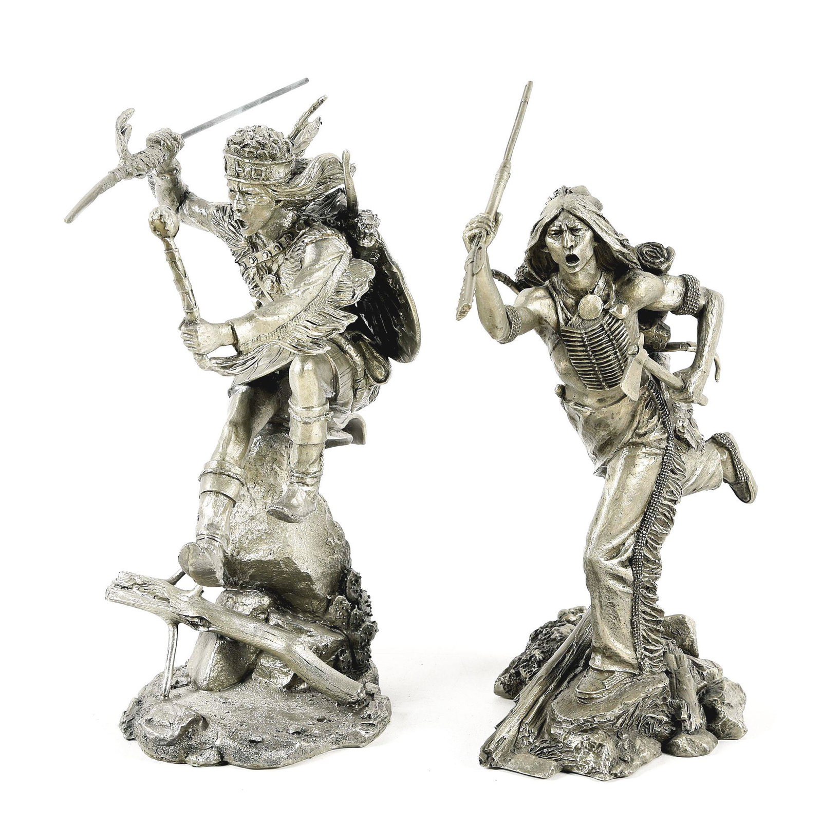 LOT OF 2: PEWTER SCULPTURES APACHE RAIDER AND CHEYENNE: Pair of limited edition Pewter Sculptures by the Franklin Mint, titled Cheyenne Brave and Apache Raider by artist Jim Ponter. Both sculptures display great detain and stand approximately 11-1/2 inches