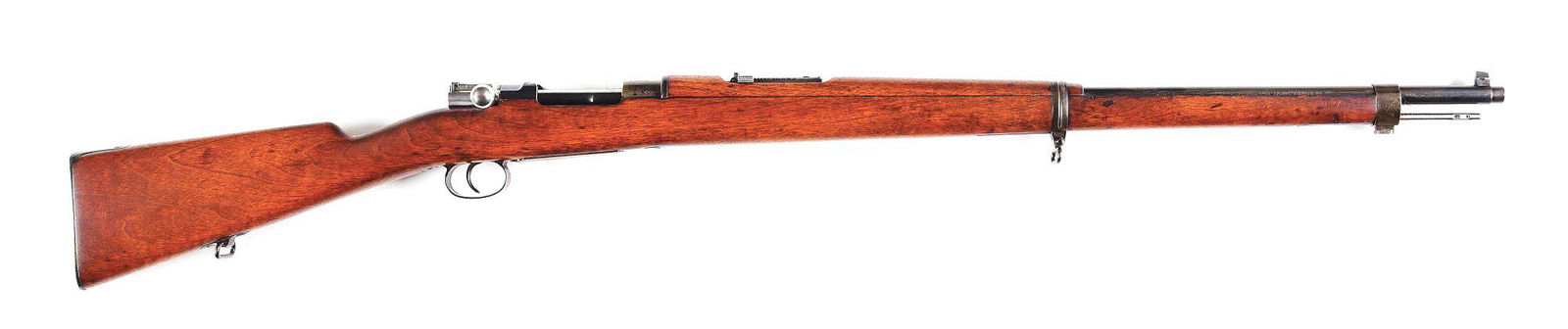 (A) SPANISH CONTRACT MODEL 1893 MAUSER BOLT ACTION: Spanish Contract Model 1893 Mauser bolt action rifle. Made "1896" as marked on the chamber, below a sharp Spanish crest. Loewe "Star of David" proofs on the left side of the receiver before the compan