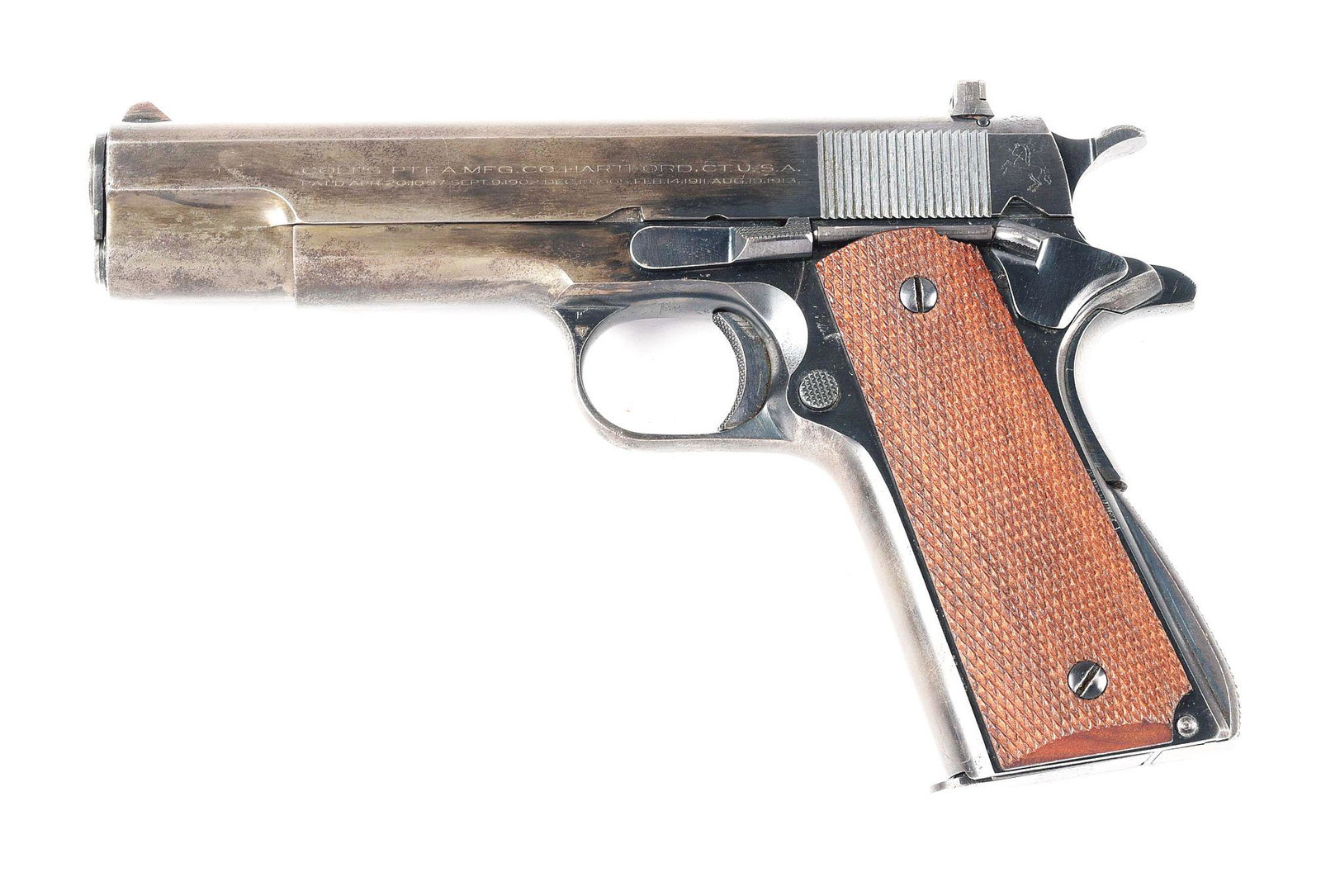 (C) COLT ACE SEMI-AUTOMATIC PISTOL (1939).: Manufactured 1939. Early pre-floating chamber solid barrel. Fitted with 6 shock buffs on recoil guide rod to allow correct cycling. Left side of slide with 2 line 1 block patent and address informatio