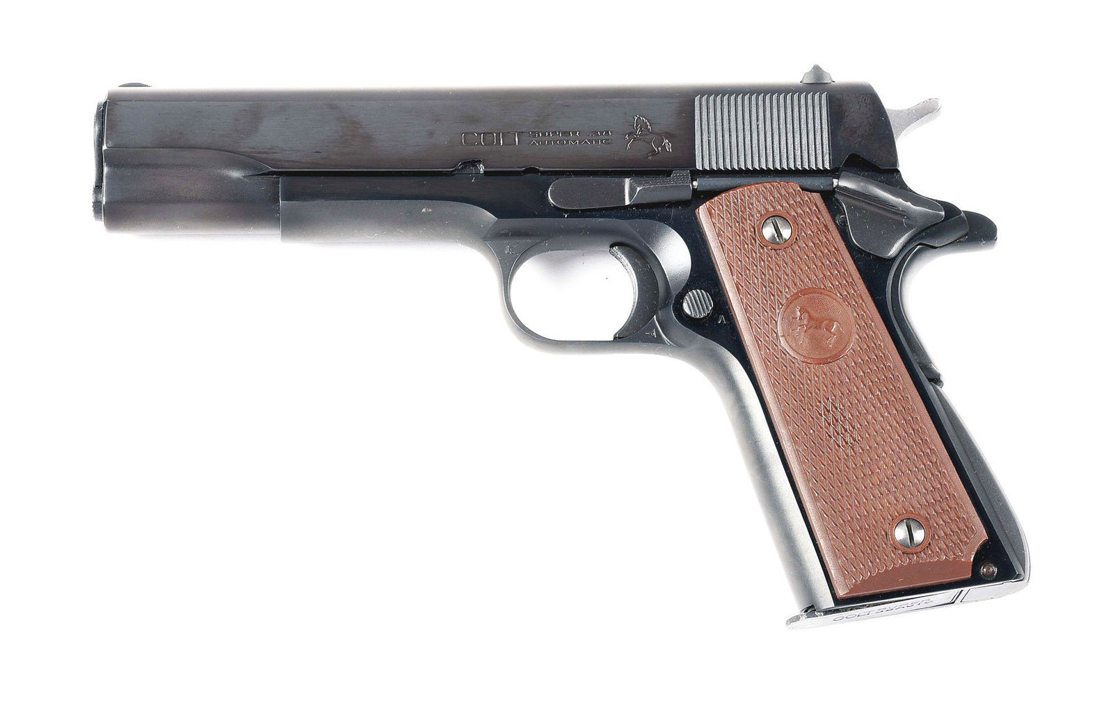 (C) COLT 1911A1 SUPER 38 SEMI AUTOMATIC PISTOL (1956).: Manufactured 1956 as per serial number. Serrated ramp front sight, square notch flat top rear sight. Left side of slide with "COLT // SUPER .38 / AUTOMATIC // (Rampant Colt)" rollmark, right side with