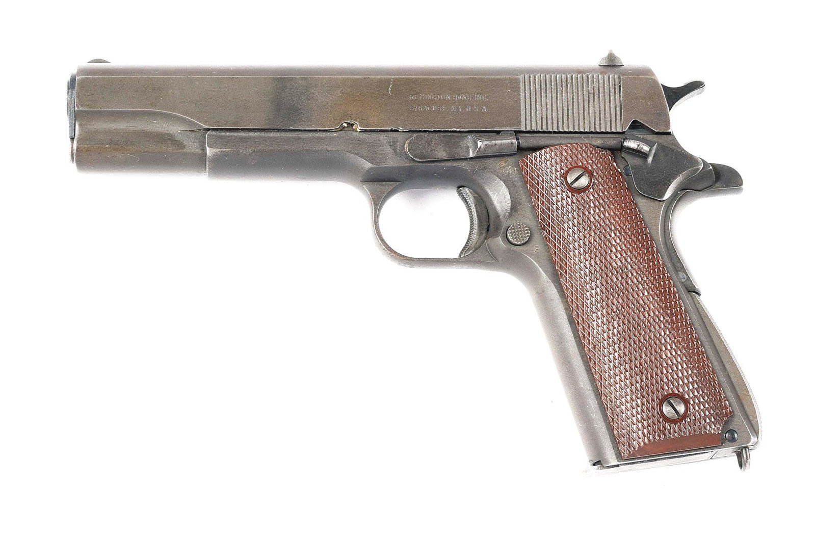 (C) REMINGTON RAND 1911A1 .45 ACP SEMI-AUTOMATIC PISTOL: Manufactured 1943. Serrated slope front sight, square notch flat top rear sight. "P" proof in front of rear sight. Left side of slide with "REMINGTON RAND INC. / SYRACUSE, N.Y. U.S.A." Nicely visible 