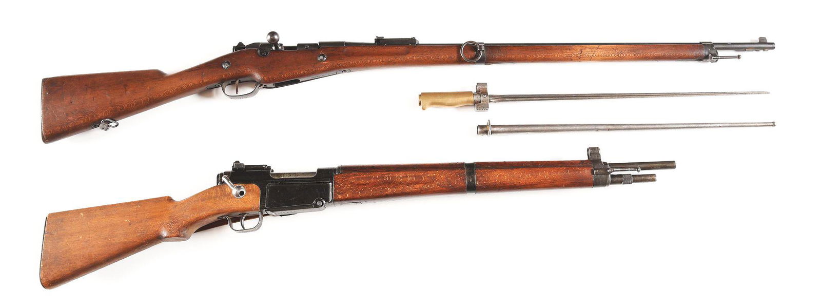 (C) LOT OF 2: BERTHIER MLE M.16 AND FRENCH MAS MLE 36: Lot consists of (A) French Berthier MLE M.16 bolt action rifle with bayonet. Made post-War at the St. Etienne factory. Ball "N" marked chamber. No import mark found. Matching serials on the barrel, tr