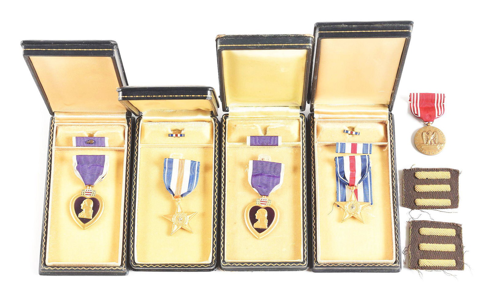 LOT OF 2: UNATTIBUTED WWII PURPLE HEART AND SILVER STAR: Lot consists of: (A) World War II unattributed Purple Heart, Silver Star, and Good Conduct medal grouping. The group consists of a WWII 1942 Rex Products slot brooch Purple Heart with a flat enamel, l