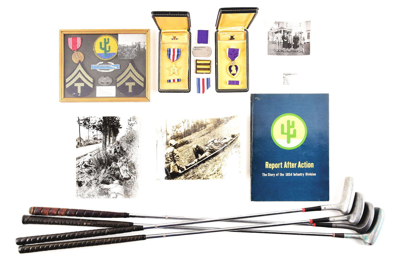 US WWII 103RD INFANTRY DIVISION 411TH IFANTRY REGIMENT: World War II 411th Infantry Regiment WIA Purple Heart, Silver Star, and ephemera grouping of Technician Fifth Grade Winford P. Barnum. The grouping consists of Barnum's Purple Heart and Silver Star me