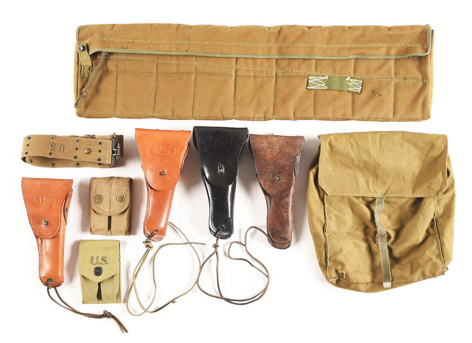 LOT OF 9:US WWII ERA FIELD GEAR: Lot consists of: (A) US paratrooper 2nd pattern Griswold bag. These bags were designed to carry an M1 Garand rifle disassembled into three sections, the barrel, stock, and trigger group. The bag is st