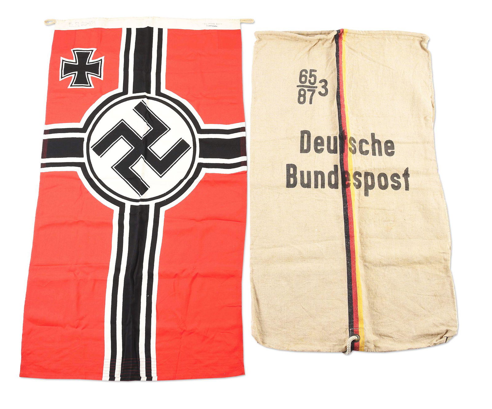 LOT OF 2: THIRD REICH KRIEGSMARINE FLAG AND POST WORLD: Lot consists of (A) Very nice World War II German 80 cm x 135 cm double sided Reichskriegsfahne. The flag is marked "Kr. Fl. 80x135" and "Lorenz Summa / Söhne Oberkotzau" on the hoist. CONDITION: The