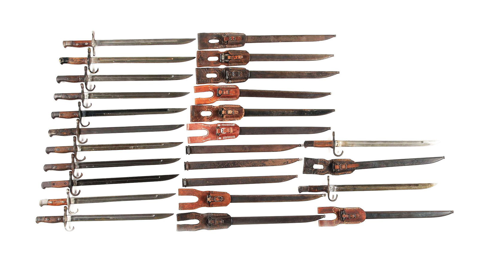 LOT OF 13: WORLD WAR II JAPANESE TYPE 30 ARISAKA: Lot consists of: (A) Unmarked Japanese Type 30 Arisaka bayonet with scabbard and leather frog. (B) Unmarked Japanese Type 30 Arisaka bayonet with scabbard and leather frog. (C) Japanese Type 30 Arisak