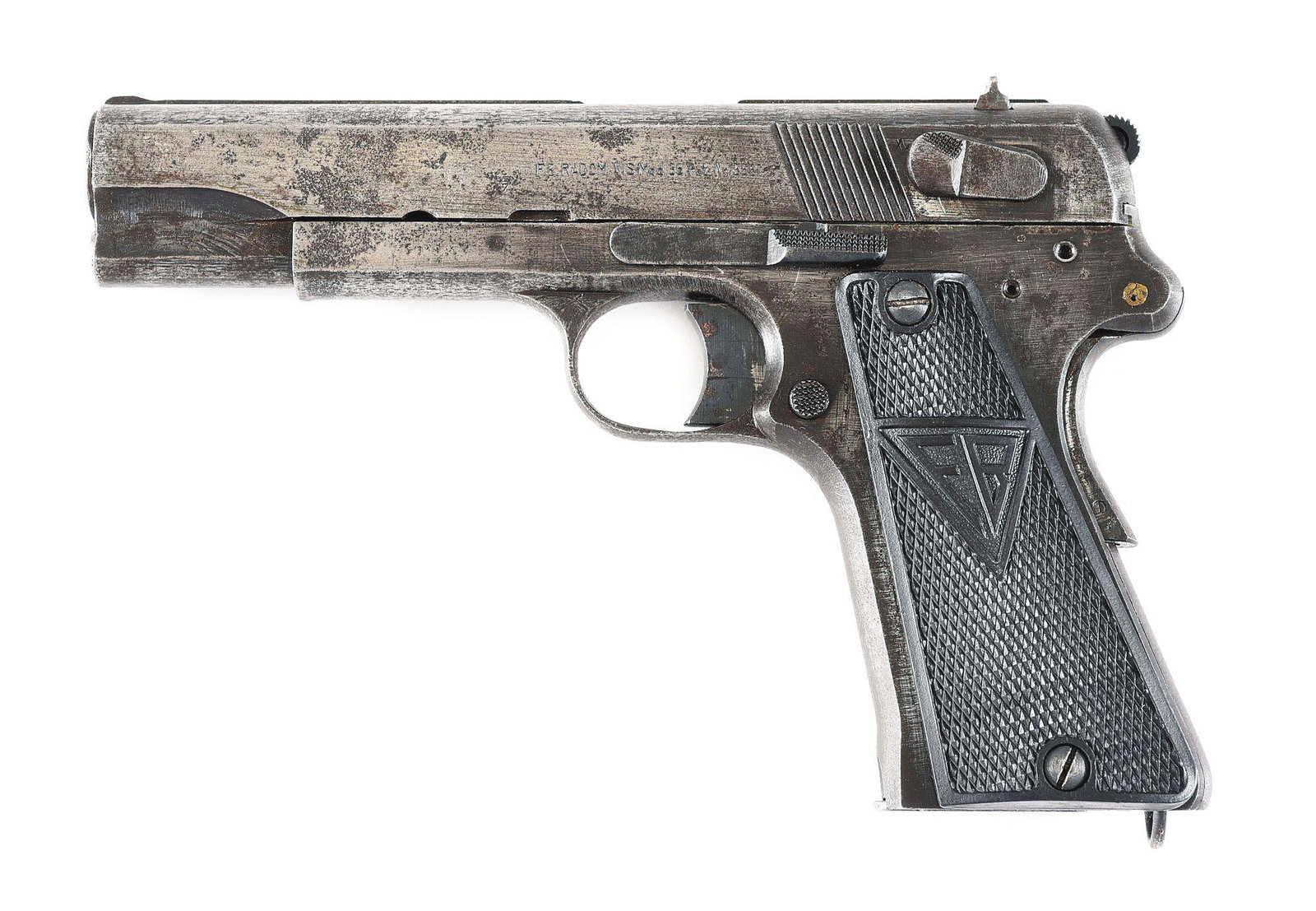 (C) GERMAN OCCUPACTION POLISH F.B. RADOM VIS MODEL 35: German Occupation Polish F.B. Radom VIS Model 35 semi automatic pistol. Late war produced two lever gun. Left side of the slide is marked "F.B. RADOM VIS Mod. 35.Pat.Nr15567". "(eagle)/77" proofs on t