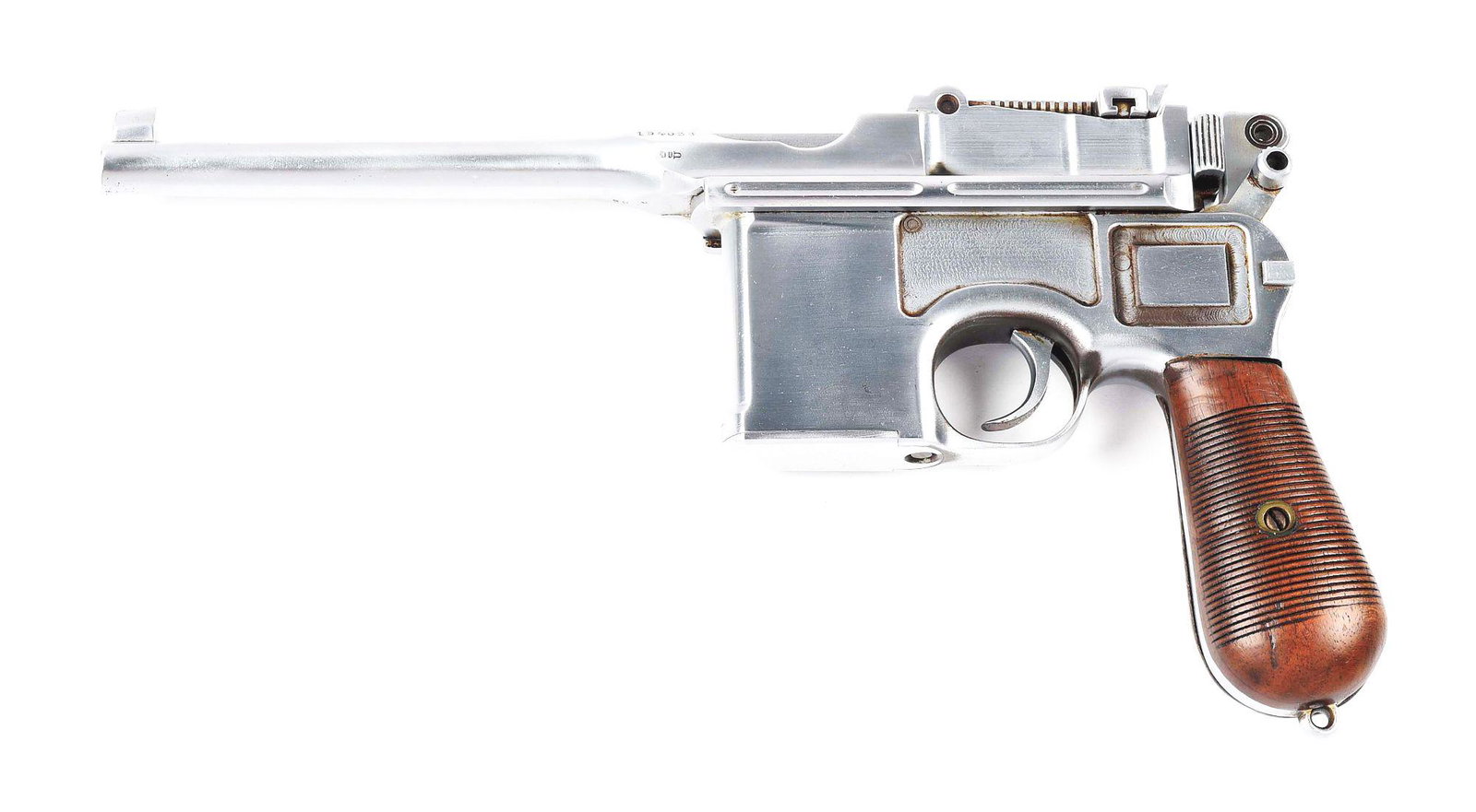 (C) IN-THE-WHITE PRE-WAR COMMERCIAL MAUSER C96: Pre-War commercial Mauser C96 semi automatic pistol with shoulder stock/holster. Made circa 1910 as a pre-War commercial model. Standard company address on the chamber and right side of the frame. No 