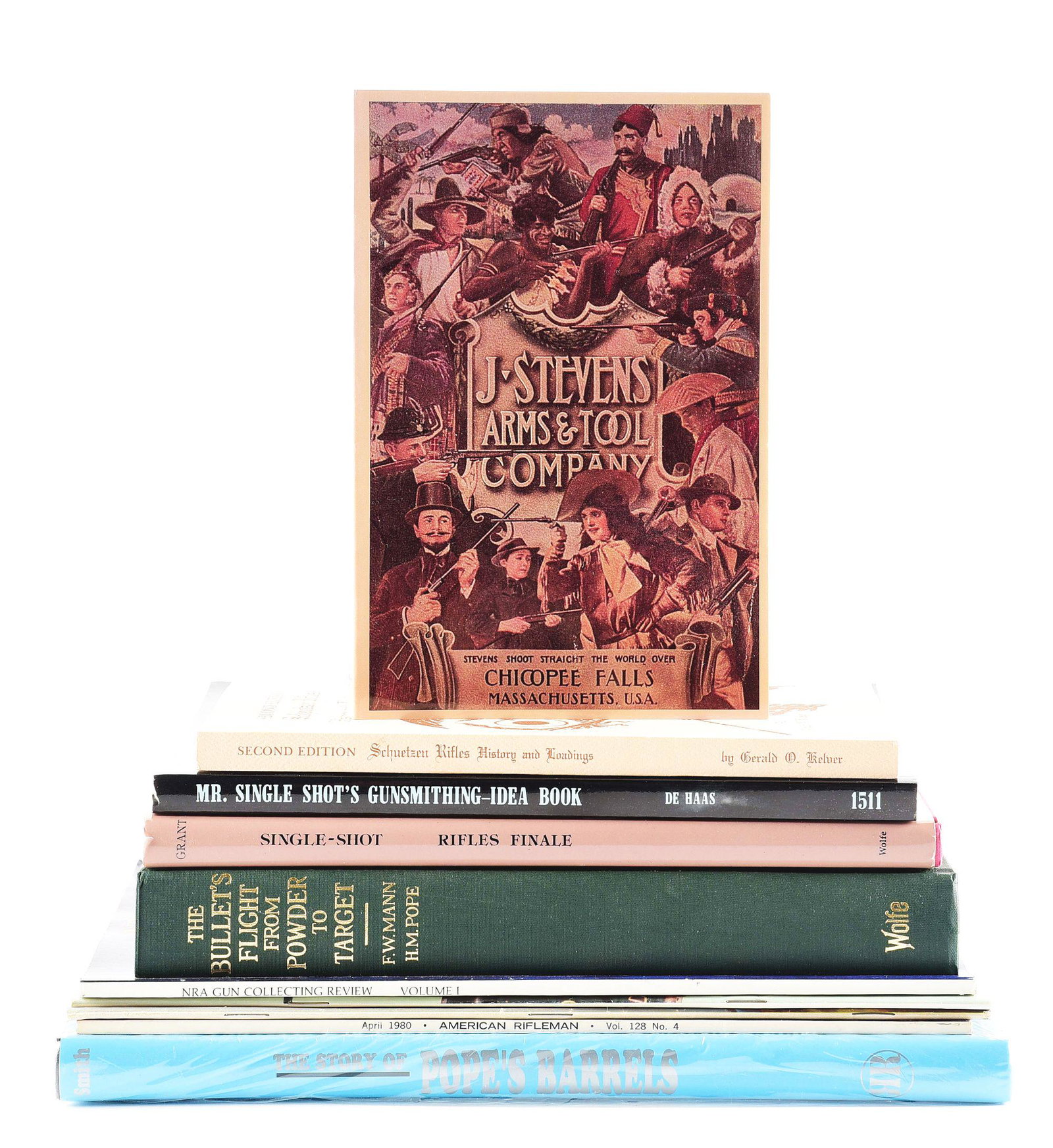 LOT OF 10 SINGLE SHOT RIFLE AND FIREARM RELATED BOOKS.: Lot consists of: "J. Stevens Arms & Tool company" Catalog No. 52 reprint; "Schuetzen Rifles History and Loadings Second Edition" by Gerald O. Kelver; "Mr. Single Shot's Gunsmithing - Idea Book" by Fra
