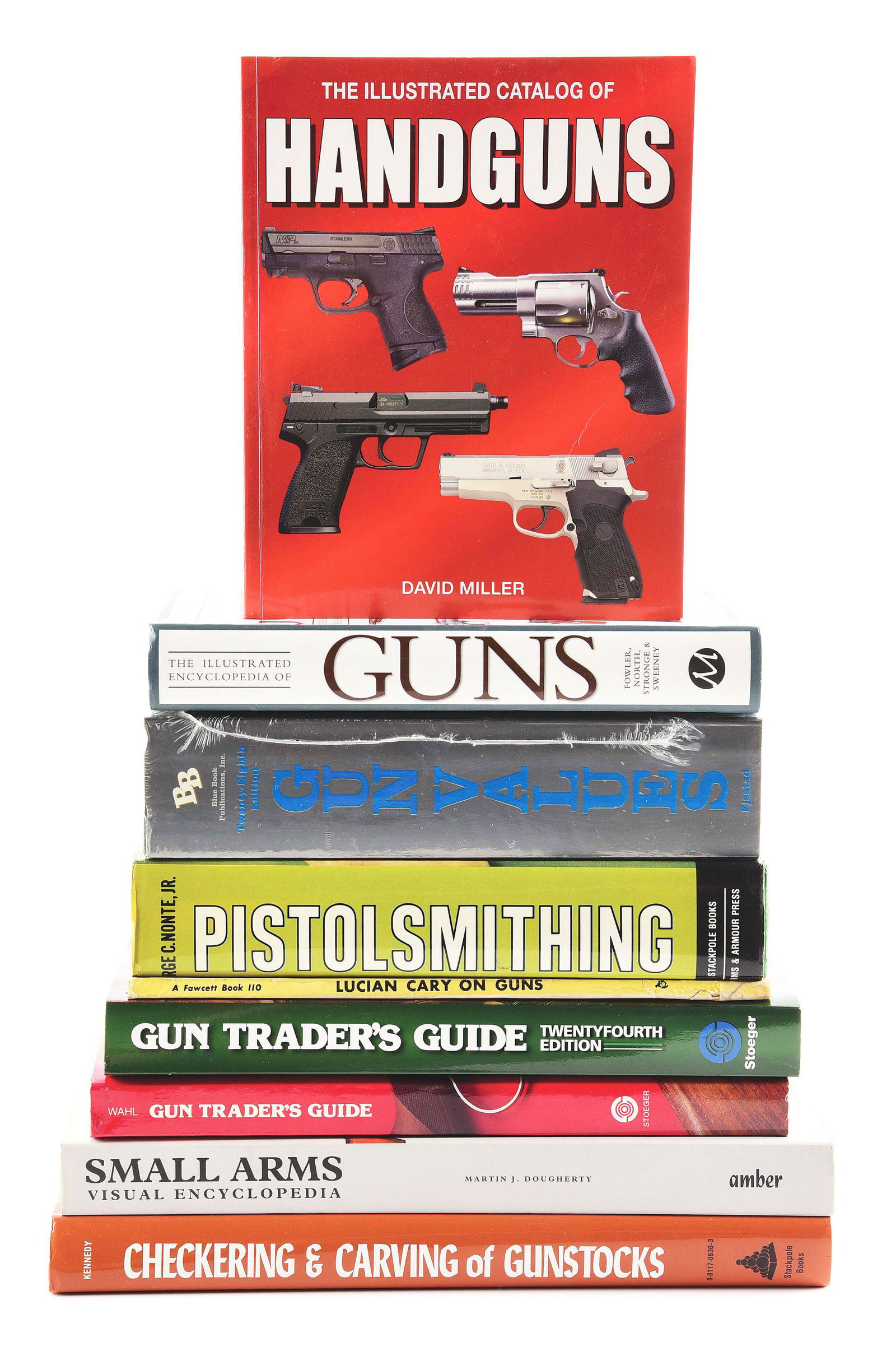 LOT OF 9 FIREARMS AND GUN TRADERS RELATED BOOKS.: Lot consists of: "The illustrated Catalog of Handguns" by David Miller; "The illustrated Encyclopedia of Guns" by Will Fowler, Anthony North, Charles Stronge & Patrick Sweeney; Unopened and wrapped "T