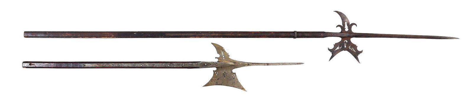 LOT OF 2: EUROPEAN HALBERDS WITH PIERCED DECORATIONS.: Lot consists of: (A) Circa 16th century halberd in the French style on a squared haft. The blade measures measures approximately 6" and the beak measures approximately 4" in length. The squared point