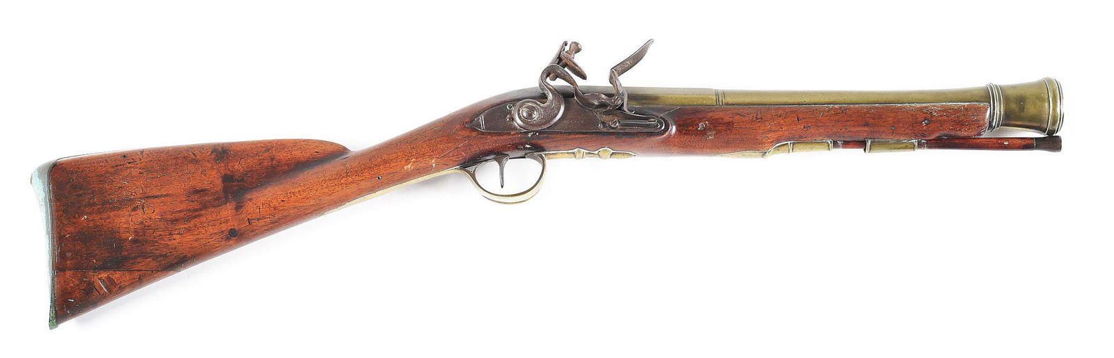 (A) BRASS BARRELED IRISH BLUNDERBUSS BY TOMLINSON AND: Robert Tomlinson is recorded as working in Dublin circa 1805 at 123 Capel Street. Octagonal to round barrel separated by a wedding ring at girdle and marked with "(Crown) / P", "RT" in a lozenge, and