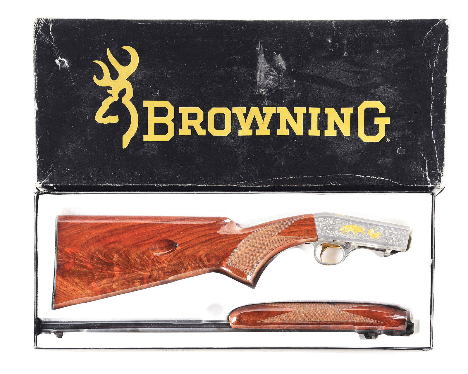 (M) BROWNING SA22 GRADE VI SEMI AUTOMATIC RIFLE WITH: Browning SA-22 Grade VI (high grade) semi automatic rifle with box. Standard takedown model made 1991 in Japan. Standard markings on the barrel. Round, blued steel barrel with blade front sight and st
