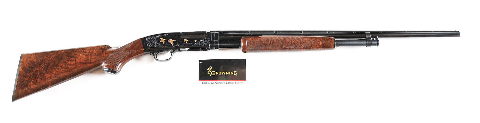 (M) BROWNING MODEL 42 HIGH GRADE SLIDE ACTION SHOTGUN: Browning model 42 High grade slide action shotgun chambered in .410 Gauge and manufactured in 1991 in Japan. 26" barrel with vented rib, silver front bead sight, and fixed full choke. Left side of bar