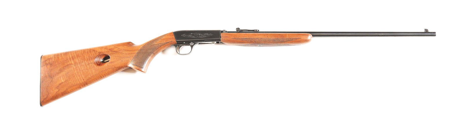 (C) BROWNING SA-22 .22 SHORT SEMI AUTOMATIC RIFLE.: Browning SA-22 semi automatic rifle. Grade I rifle made in the 1950s in Belgium with Belgian proofs on the barrel, frame, and bolt. Standard markings on the barrel. Round steel barrel with blade front