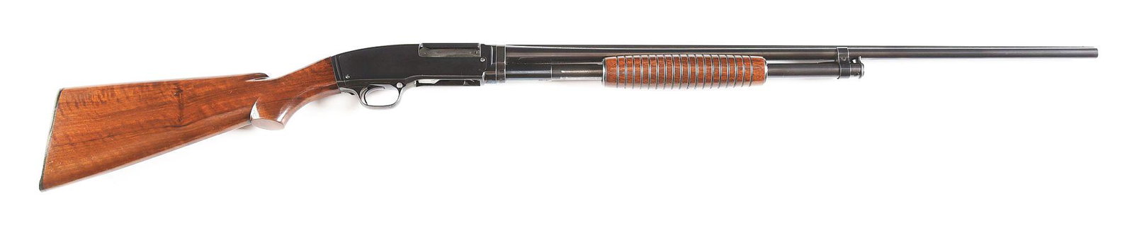 (C) WINCHESTER MODEL 42 SLIDE ACTION SHOTGUN.: Circa 1947. This .410 gauge shotgun is fit with a 28" round blued steel barrel that is built with a 3" chamber, steel front sight bead, and Full choke. Right side of barrel reads "MADE IN U.S.A. WINCH
