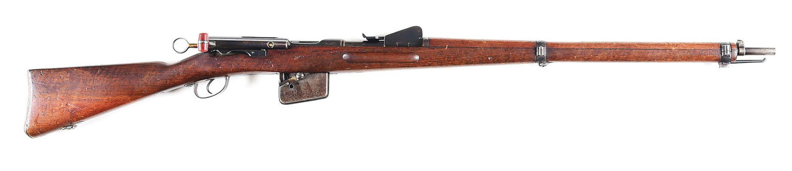 (A) SWISS SCHMIDT-RUBIN MODEL 1889 BOLT ACTION RIFLE.: Swiss Schmidt-Rubin Model 1889 bolt action rifle. Made 1891 at the Bern factory. Typical Swiss proofs on the chamber. No import mark found. Matching serials on the barrel, receiver, rear sight and bol