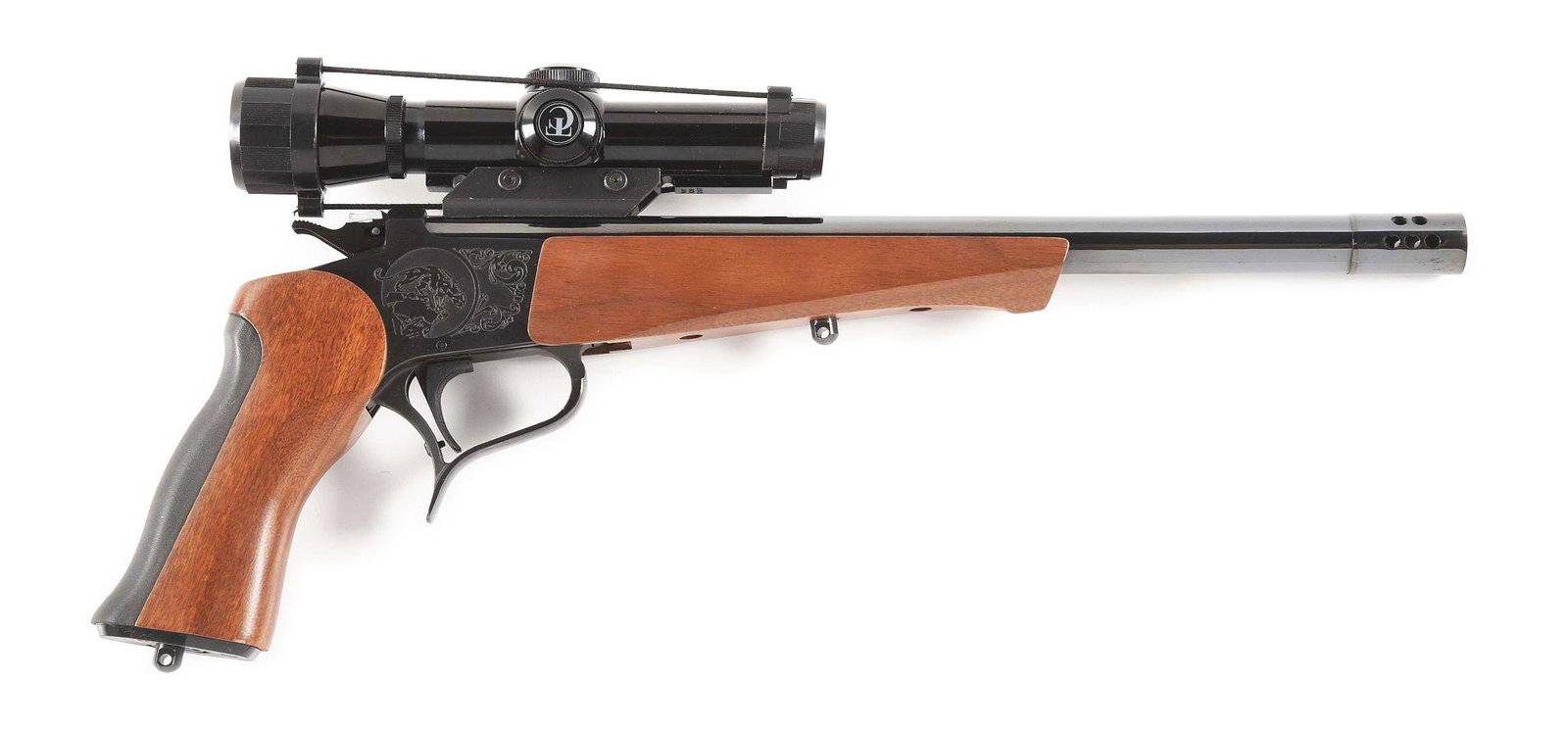 (M) THOMPSON CENTER CONTENDER SUPER 14 SINGLE SHOT: Thompson Center Contender "Super 14" single shot rifle with scope and case. Made 1994. Left side of the barrel is marked "THOMPSON CENTER ARMS 30-30 Win/ ROCHESTER, N.H. SUPER 14". Standard engraved m