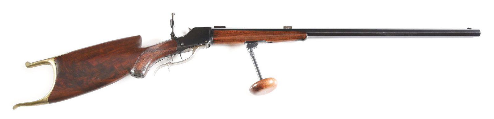 (C) WINCHESTER MODEL 1885 HIGH WALL SCHUETZEN RIFLE.: Winchester Model 1885 Highwall made by the Winchester Repeating Arms Company in 1903. 30" blued No.3 weight octagon barrel in 32-40 caliber with replacement bead blade dovetail front sight, no rear se